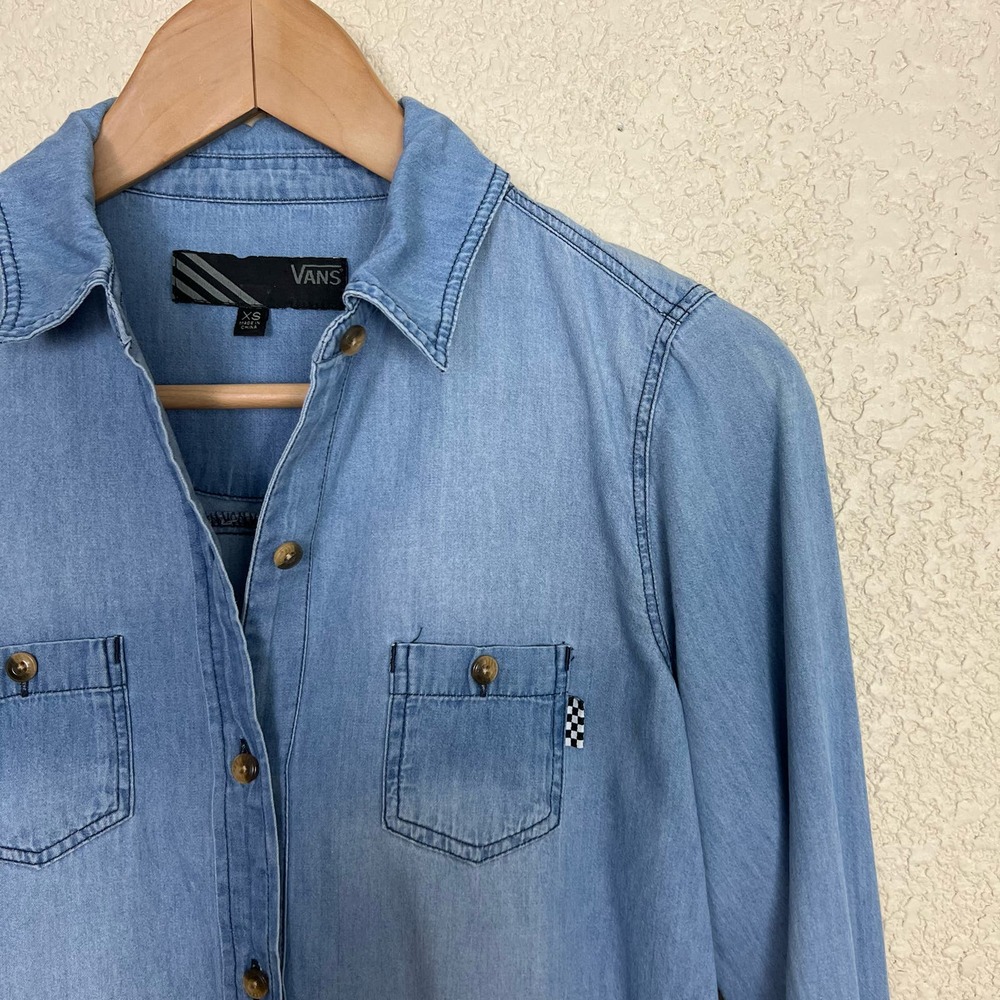Vans Chambray Button Down Top Womens Xs Blue Coll… - image 6